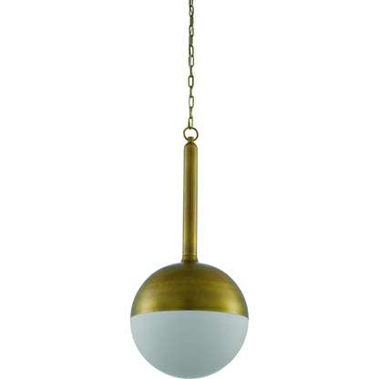 Moonward Pendant by Currey and Company in antique brass, opaque white. Made from metal, glass in a modern style.