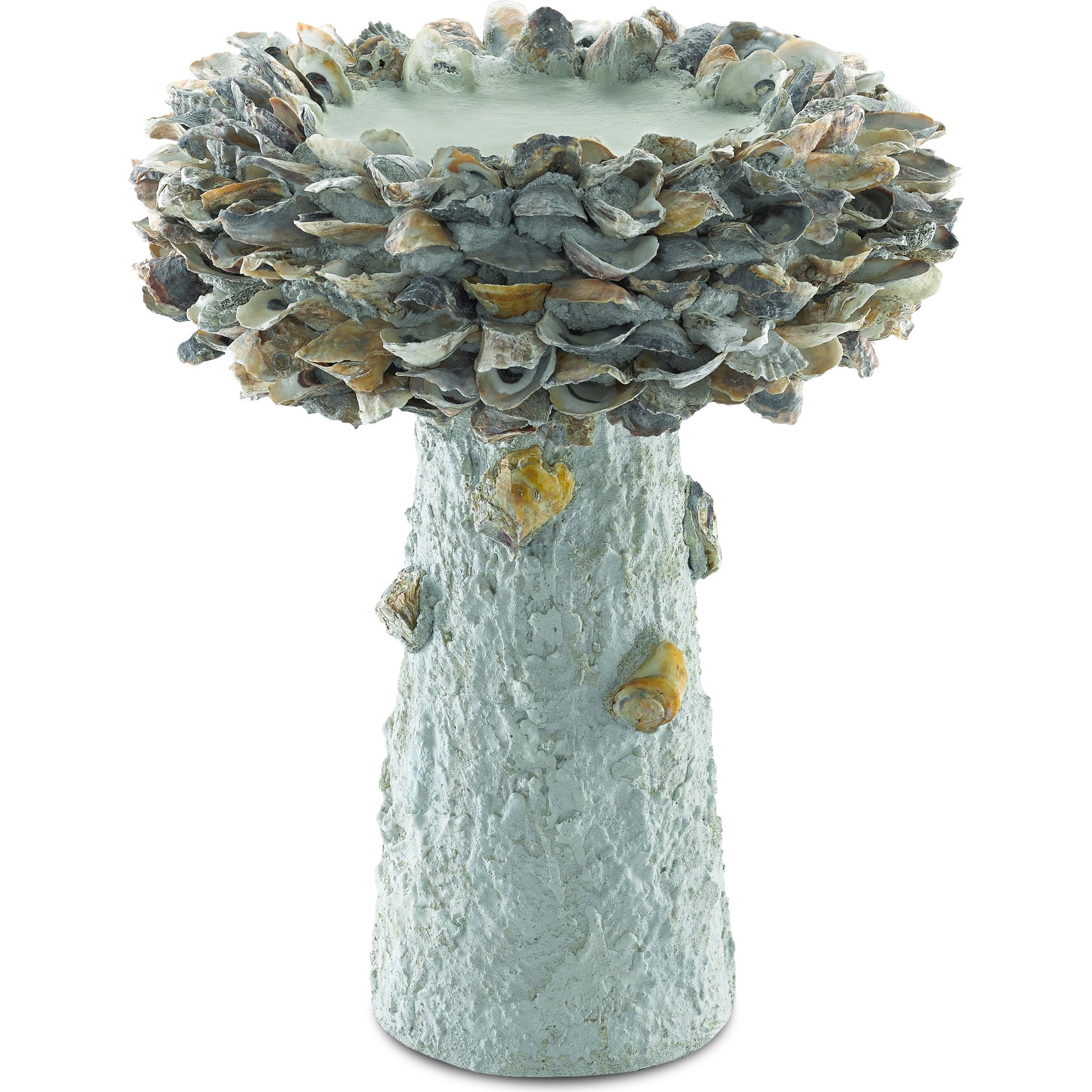 Oyster Shell Bird Bath by Currey and Company. Made from oyster shells, concrete, iron in a eclectic & global style.
