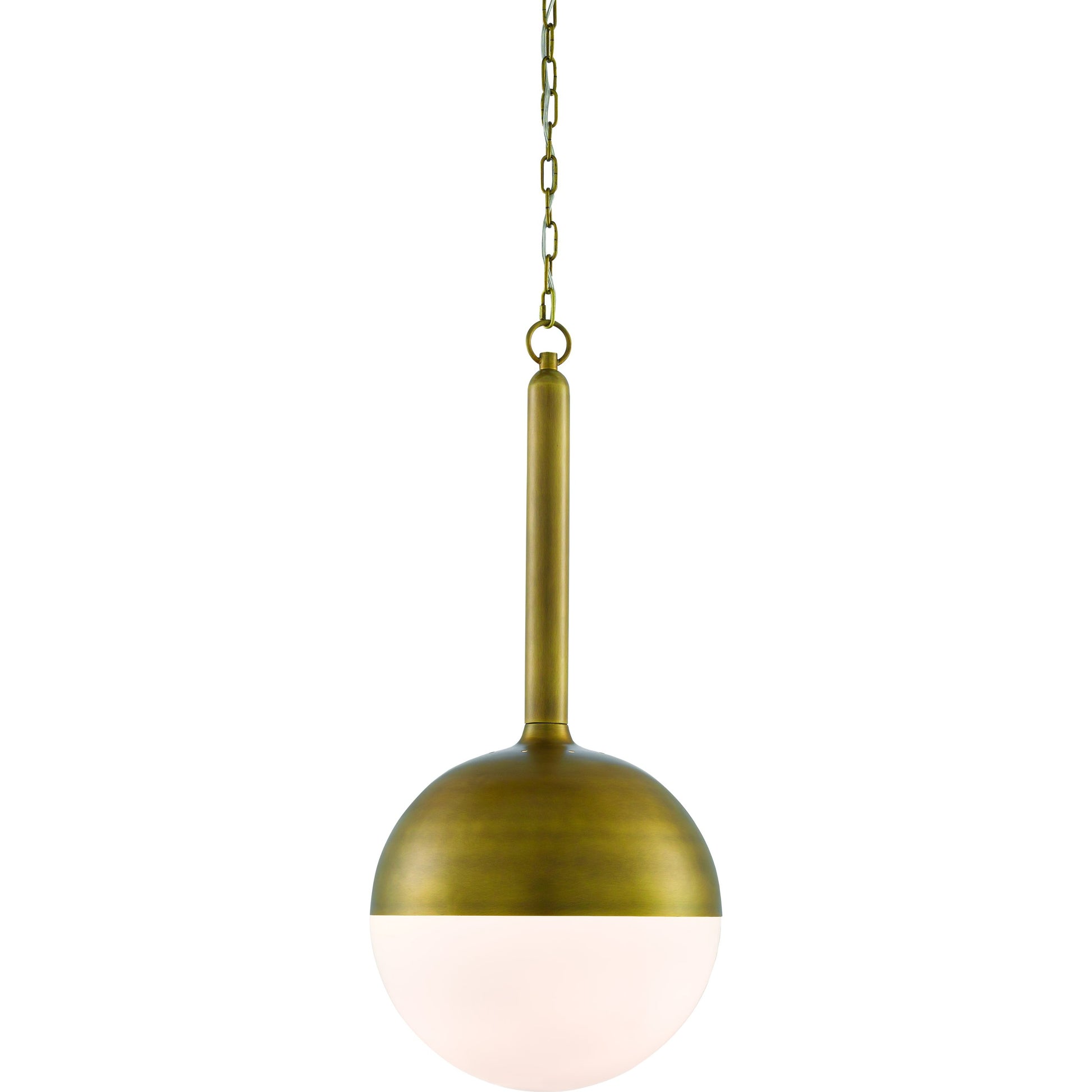 Moonward Pendant by Currey and Company in antique brass, opaque white. Made from metal, glass in a modern style.