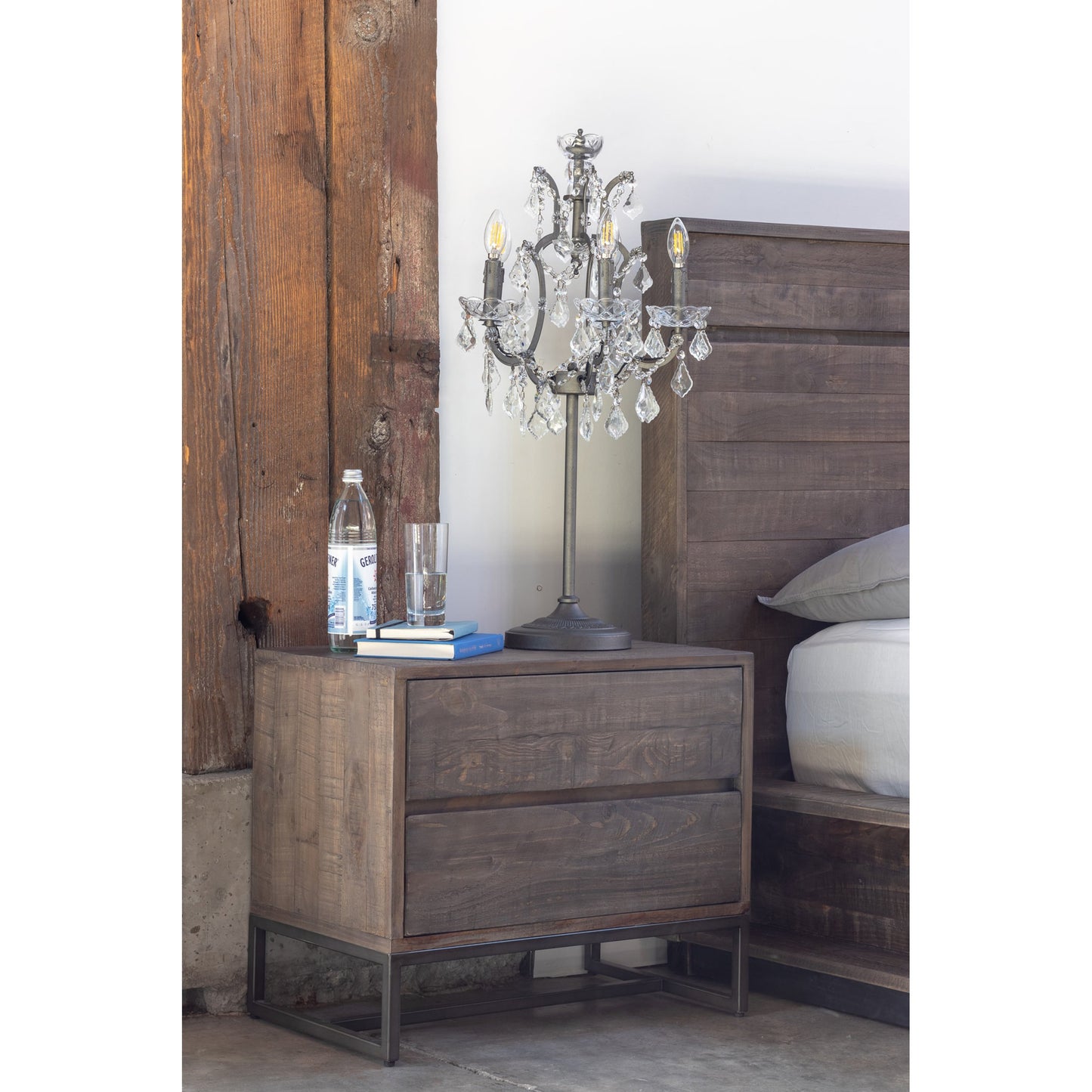 006 S-329470 | Lifestyle | Elena Nightstand by Moe's Home Collection in light brown and nc lacquer (matt). Made from solid pine wood, metal base in a modern style.
