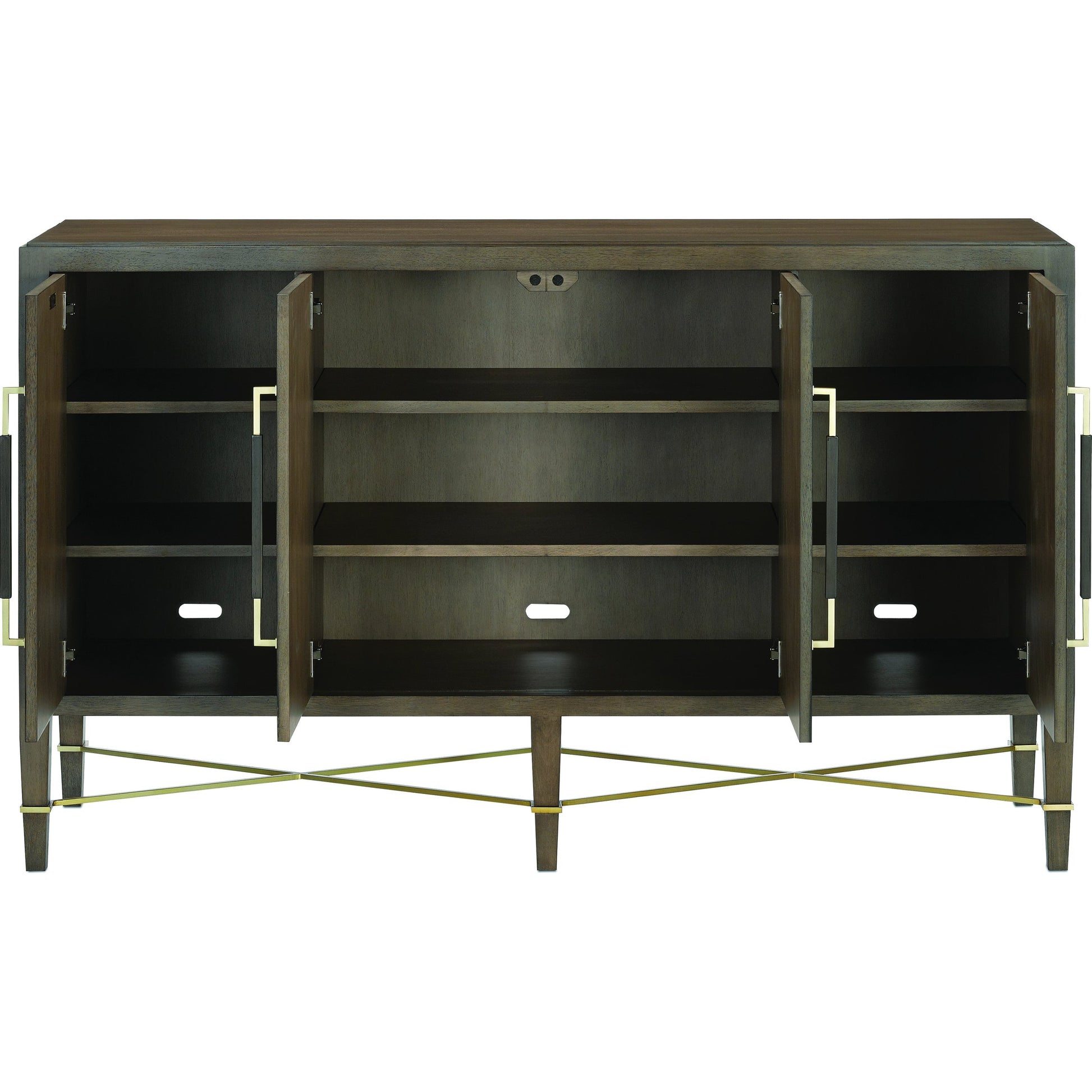 Verona Chanterelle Sideboard by Currey and Company in chanterelle, coffee, champagne. Made from mahogany, brass, iron in a modern style.