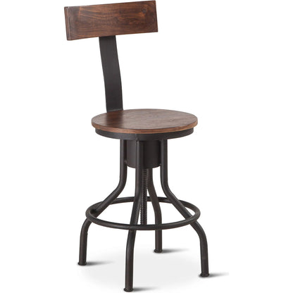 Artezia Adjustable Bar Stools by World Interiors in brown and walnut, antique zinc. Made from acacia wood, iron in a modern style.