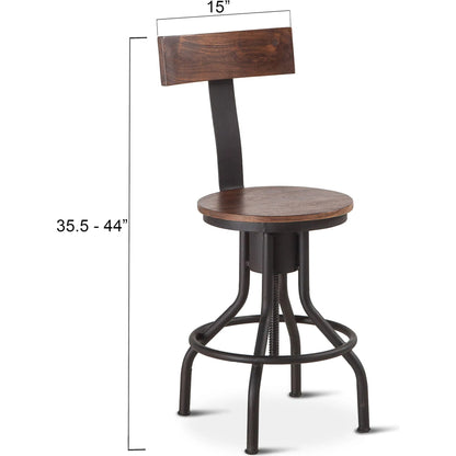 Artezia Adjustable Bar Stools by World Interiors in brown and walnut, antique zinc. Made from acacia wood, iron in a modern style.