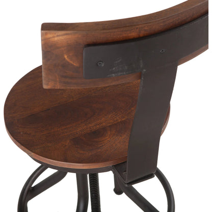 Artezia Height Adjustable Stool by World Interiors in walnut, antique zinc. Made from acacia wood, iron in a traditional style.