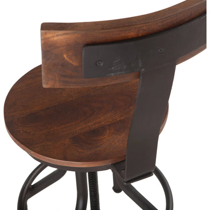 Artezia Adjustable Bar Stools by World Interiors in brown and walnut, antique zinc. Made from acacia wood, iron in a modern style.