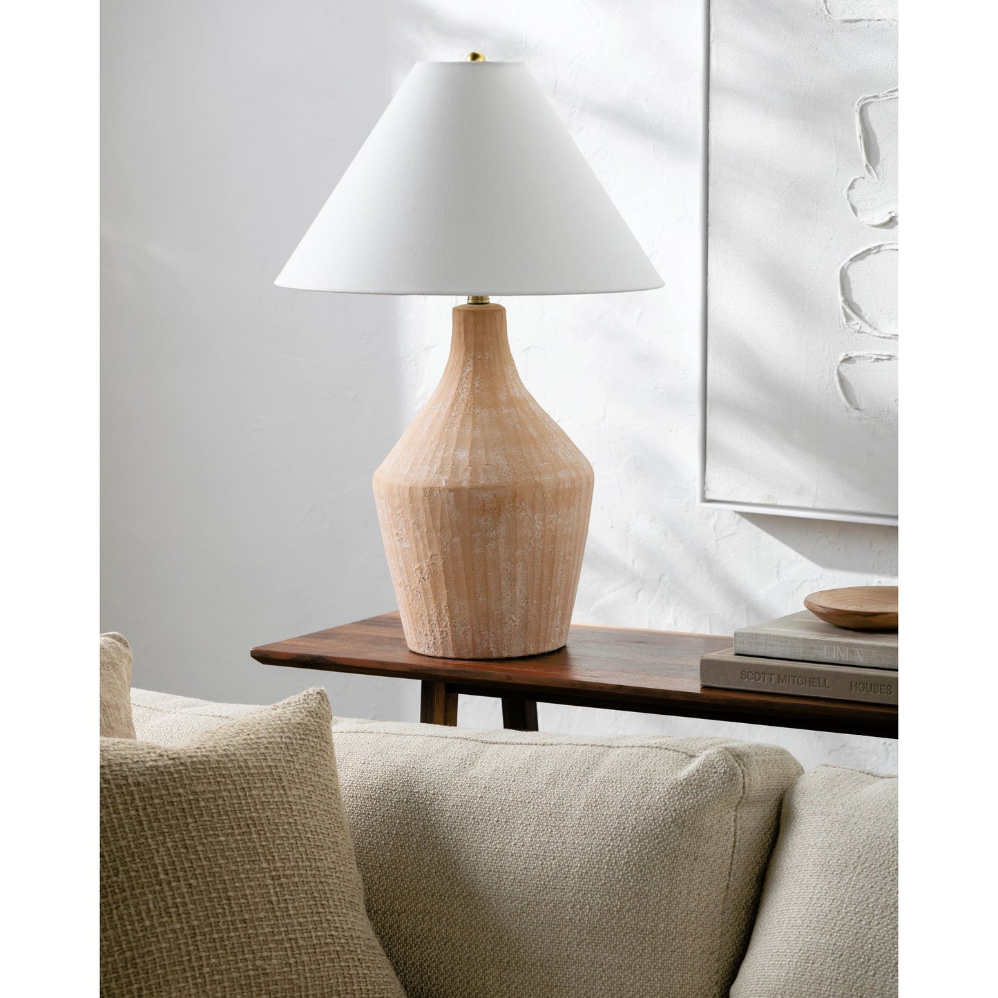 003 SI-2165542 | Lifestyle | Fiori Accent Table Lamp - 535714 by Livabliss in body: brick, shade: white, finial: metallic - brass, harp: metallic - brass, cord: translucent and glazedplated. Made from ceramic, linen, polystyrene, iron in a cottage & farmho