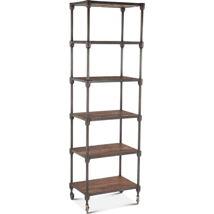Paxton Bookshelf by World Interiors in brown and weathered walnut, gray zinc. Made from teak wood, iron in a modern style.