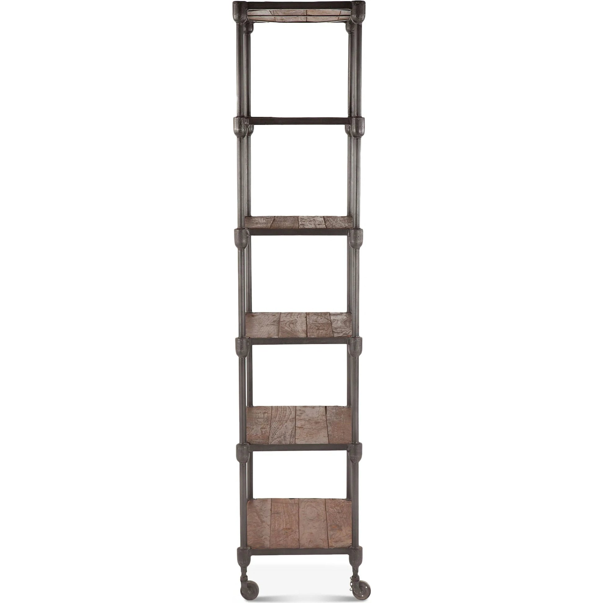 Paxton Bookshelf by World Interiors in brown and weathered walnut, gray zinc. Made from teak wood, iron in a modern style.
