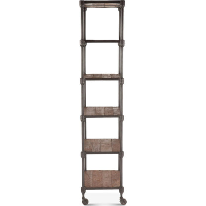 Paxton Bookshelf by World Interiors in brown and weathered walnut, gray zinc. Made from teak wood, iron in a modern style.
