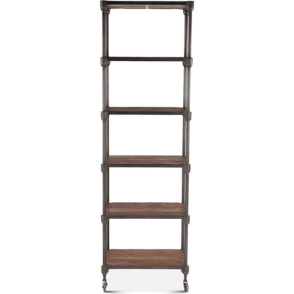 Paxton Bookshelf by World Interiors in brown and weathered walnut, gray zinc. Made from teak wood, iron in a modern style.