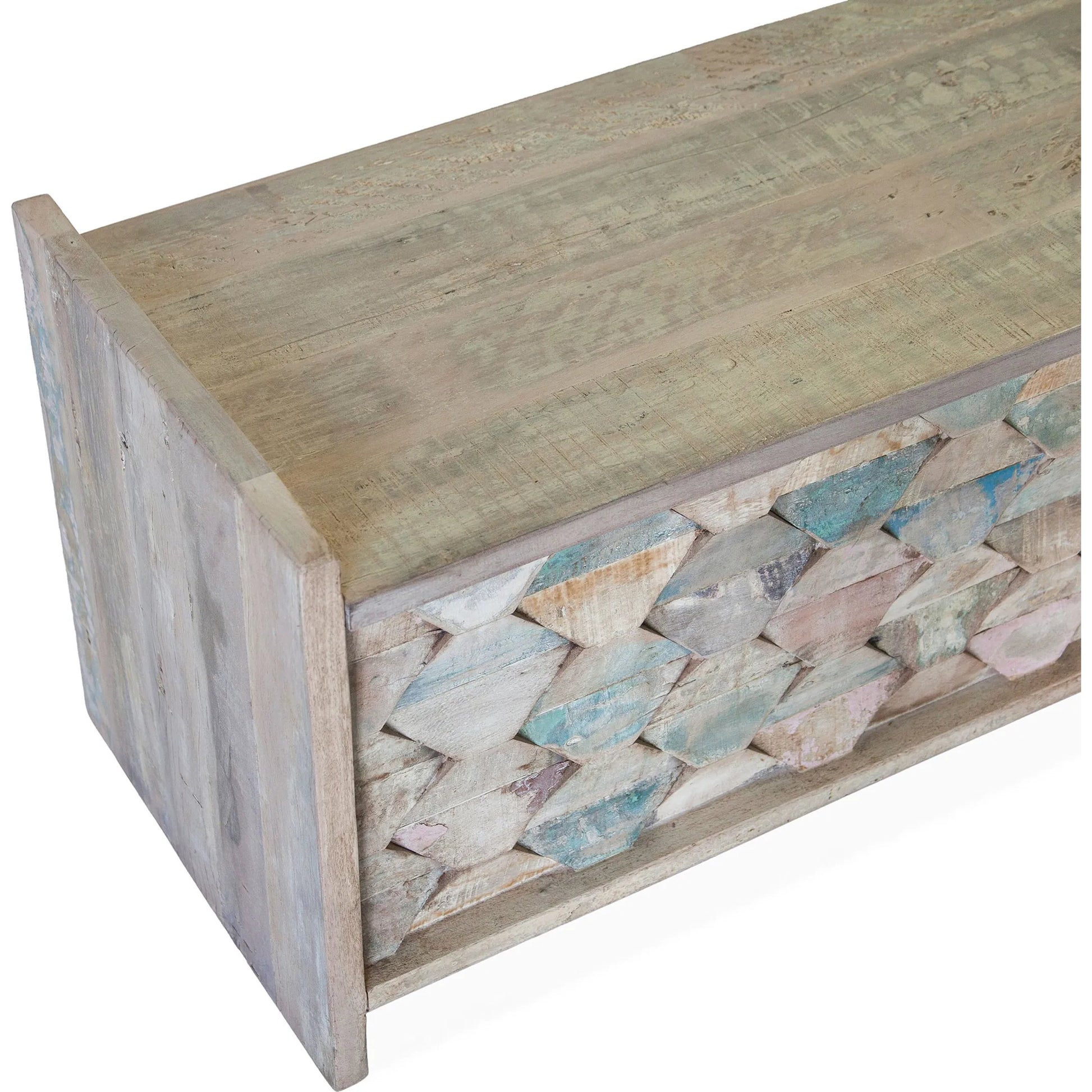 Cordoba Dining Bench with Storage by World Interiors in teal and vintage teal. Made from teak wood, iron in a eclectic & global style.