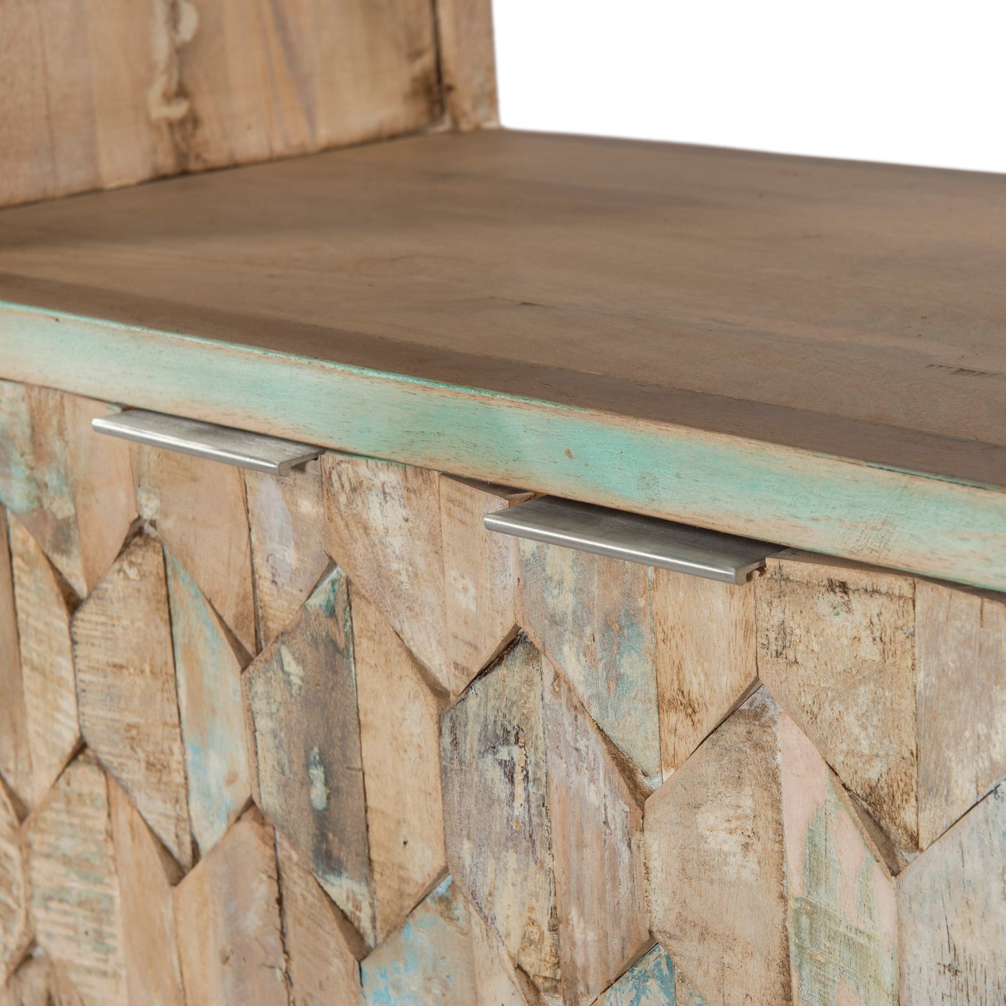 006 SI-2065545 | Closeup | Cordoba Reclaimed Bookcase by World Interiors in coastal mist. Made from reclaimed teak wood and iron in a modern style.