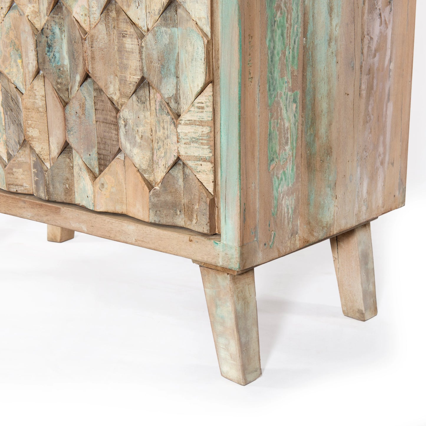 005 SI-2065545 | Closeup | Cordoba Reclaimed Bookcase by World Interiors in coastal mist. Made from reclaimed teak wood and iron in a modern style.