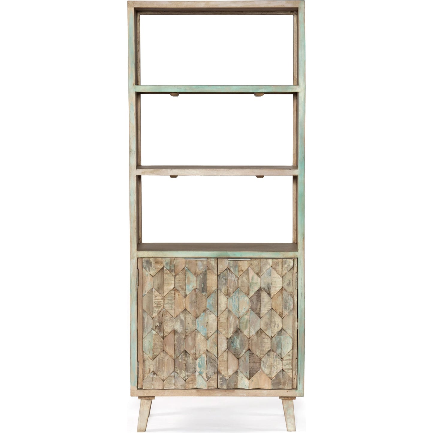 001 SI-2065545 | Primary Silo | Cordoba Reclaimed Bookcase by World Interiors in coastal mist. Made from reclaimed teak wood and iron in a modern style.