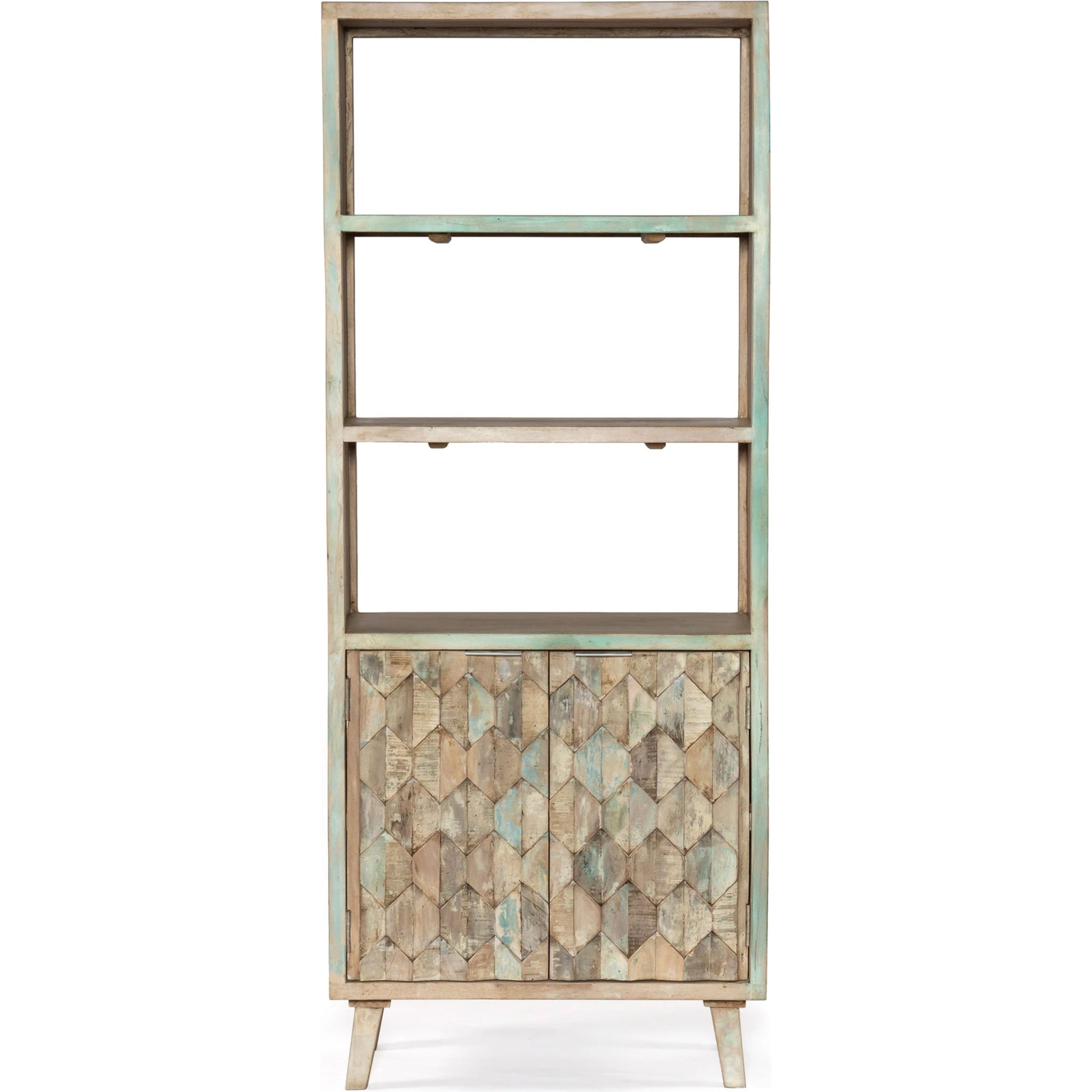 Cordoba Reclaimed Bookcase by World Interiors in coastal mist. Made from reclaimed teak wood and iron in a modern style.