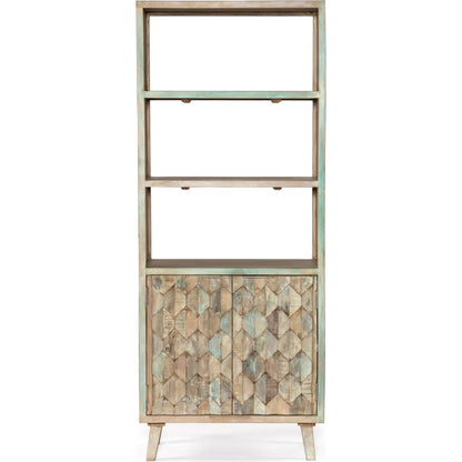 Cordoba Reclaimed Bookcase by World Interiors in coastal mist. Made from reclaimed teak wood and iron in a modern style.