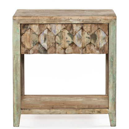 Cordoba Night Chest by World Interiors in teal and vintage teal, antique nickel. Made from teak wood, iron in a eclectic & global style.