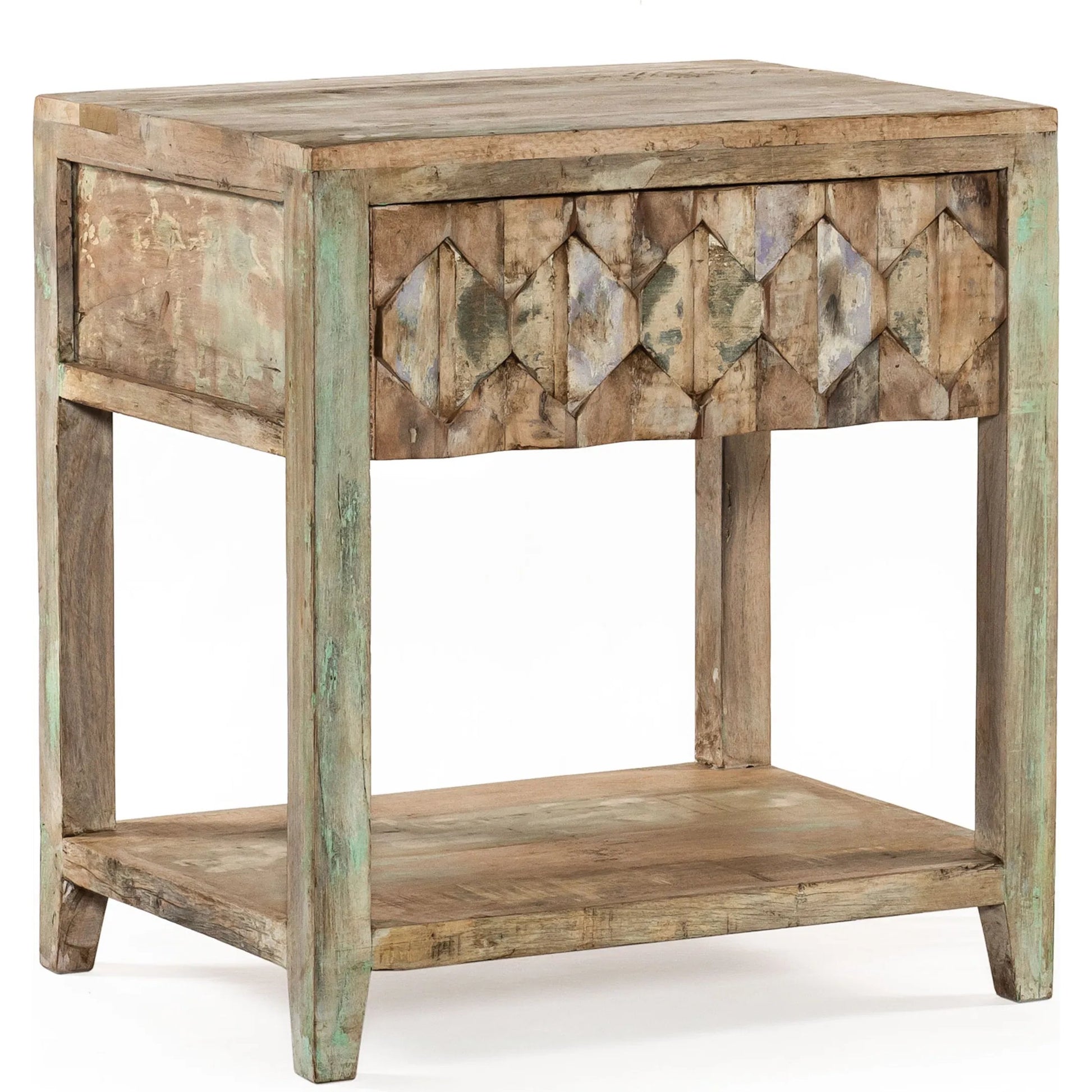 Cordoba Night Chest by World Interiors in teal and vintage teal, antique nickel. Made from teak wood, iron in a eclectic & global style.