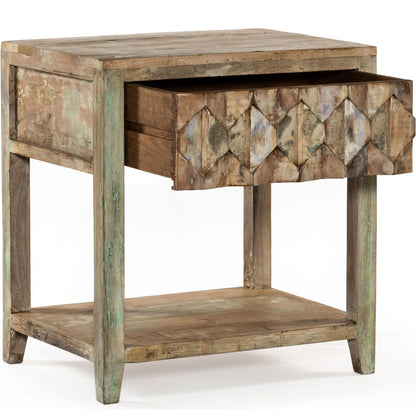 Cordoba Night Chest by World Interiors in teal and vintage teal, antique nickel. Made from teak wood, iron in a eclectic & global style.