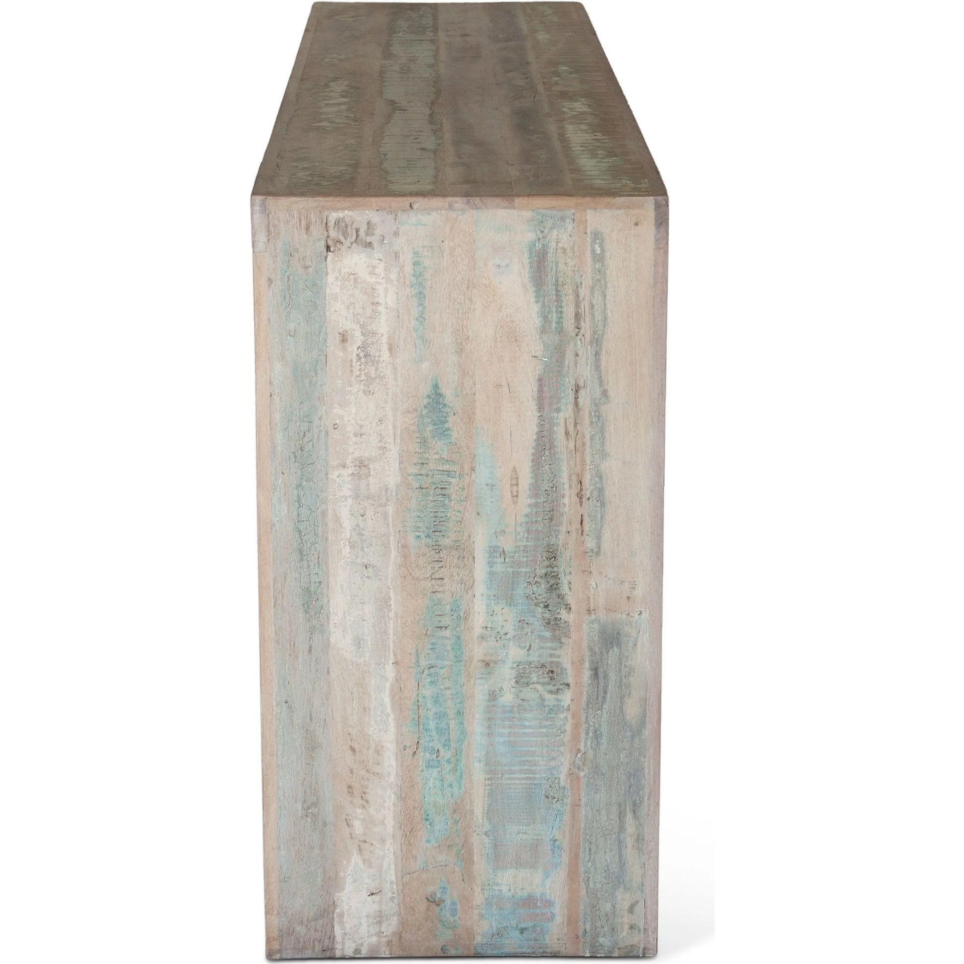 Cordoba Gathering Table and Stools by World Interiors in teal and vintage teal. Made from teak wood in a cottage & farmhouse style.