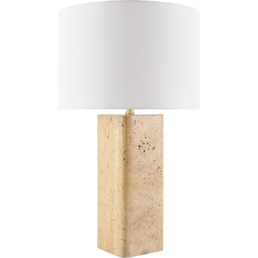 Faja 556563 Beige Table Lamp by Surya in body: beige; shade: white; cord: translucent and burnished. Made from travertine, linen, plastic in a unique style.