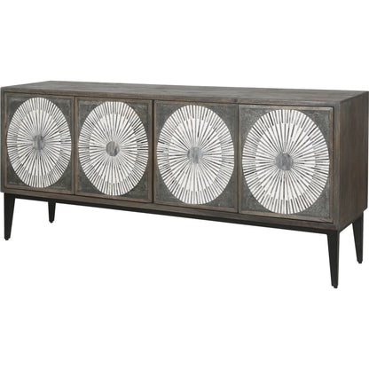 Palm Desert Modern Bone Inlay Sideboard by World Interiors in grey wash and water based. Made from mango wood, iron, bone in a eclectic & global style.