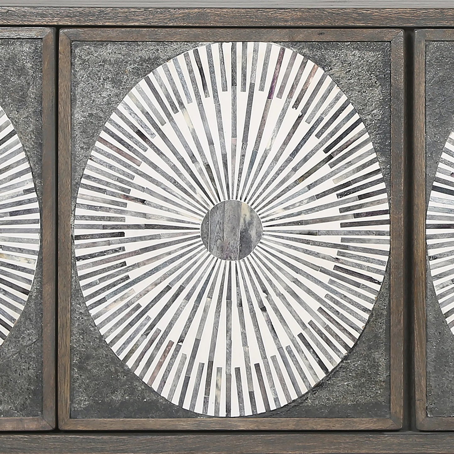 004 SI-2065576 | Closeup | Palm Desert Modern Bone Inlay Sideboard by World Interiors in grey wash and water based. Made from mango wood, iron, bone in a eclectic & global style.