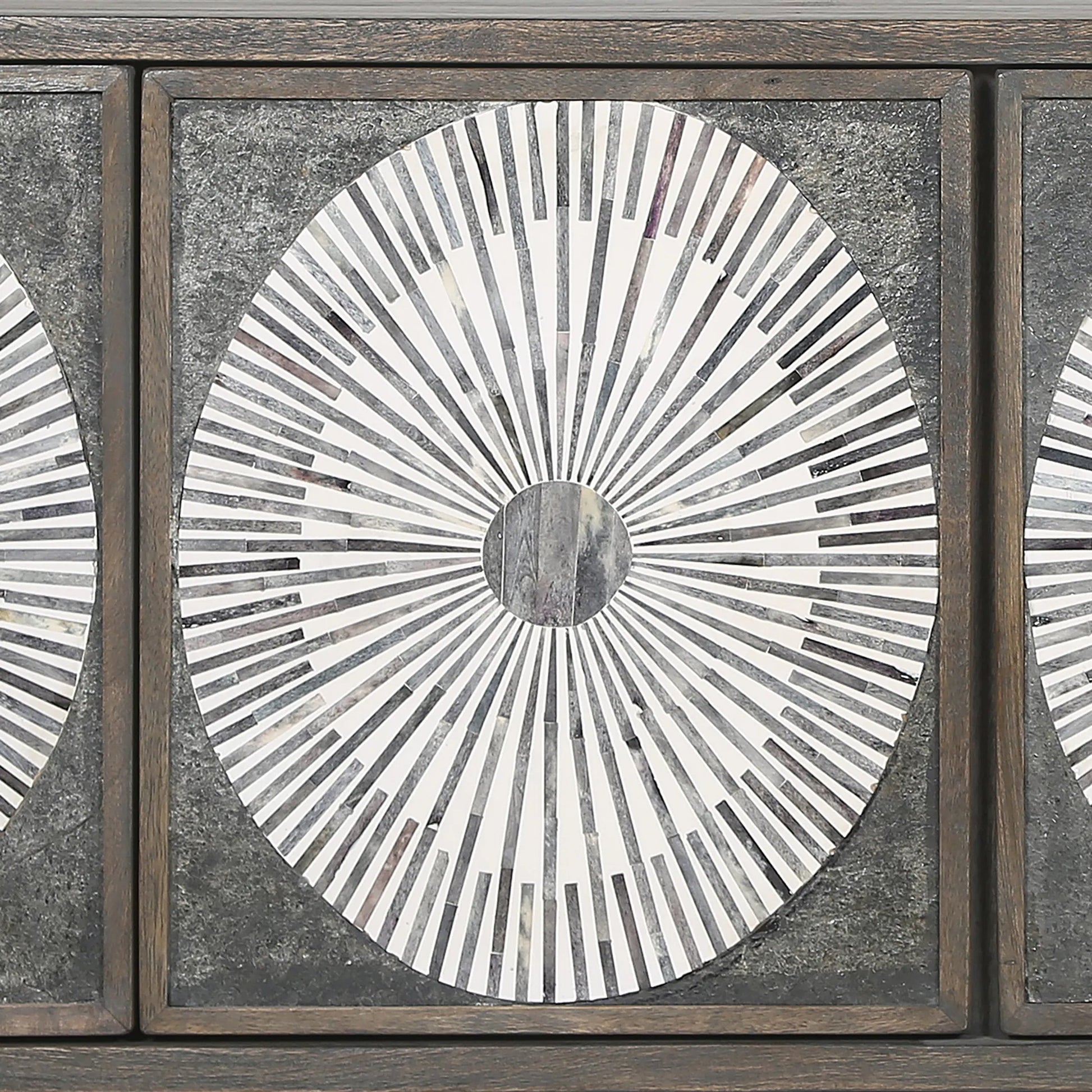 Palm Desert Modern Bone Inlay Sideboard by World Interiors in grey wash and water based. Made from mango wood, iron, bone in a eclectic & global style.