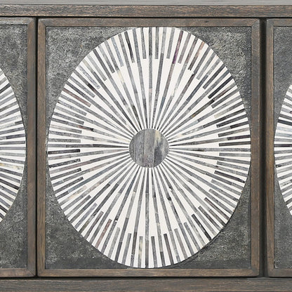 Palm Desert Modern Bone Inlay Sideboard by World Interiors in grey wash and water based. Made from mango wood, iron, bone in a eclectic & global style.