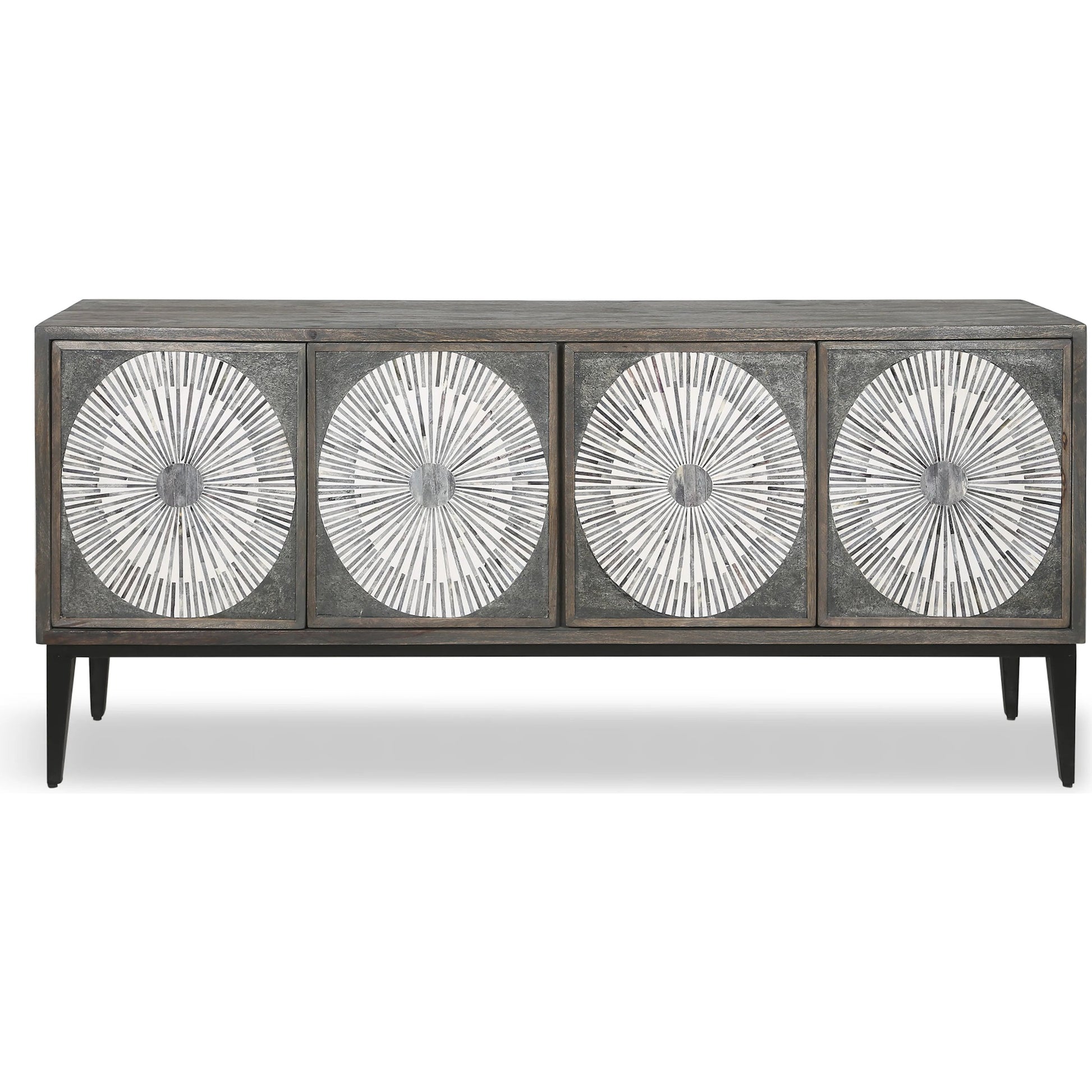 Palm Desert Modern Bone Inlay Sideboard by World Interiors in grey wash and water based. Made from mango wood, iron, bone in a eclectic & global style.