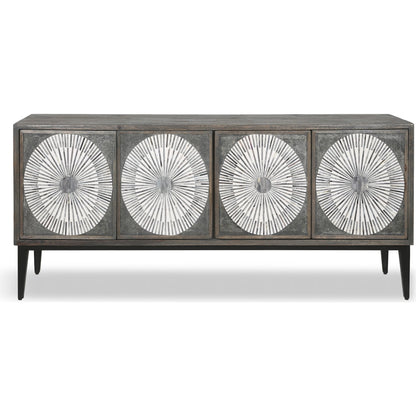 Palm Desert Modern Bone Inlay Sideboard by World Interiors in grey wash and water based. Made from mango wood, iron, bone in a eclectic & global style.