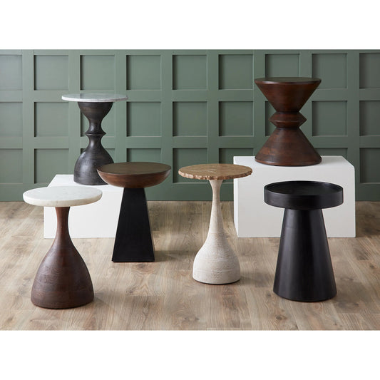 Palm Desert Modern Marble Side Table by World Interiors in walnut on wood, natural marble and water based. Made from mango wood, marble in a unique style.