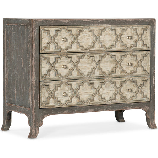 Bellissimo Bachelors Chest by Hooker Furniture in dark gray, light tusk. Made from oak veneers, cedar, felt, solid-wood edge top in a eclectic & global style.