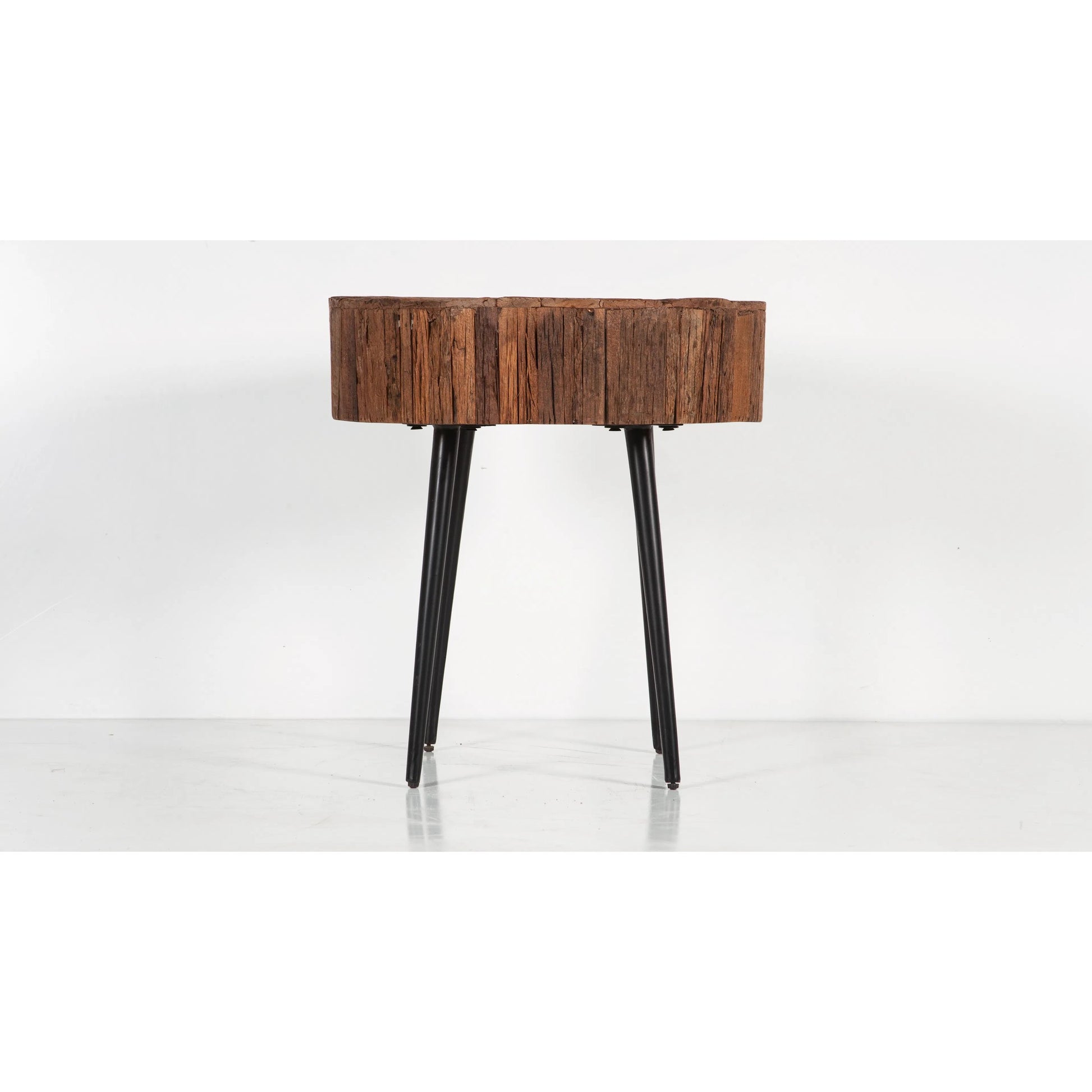 Palm Desert Reclaimed Wood Modern Side Table by World Interiors in brown and natural. Made from reclaimed wood, iron in a unique style.
