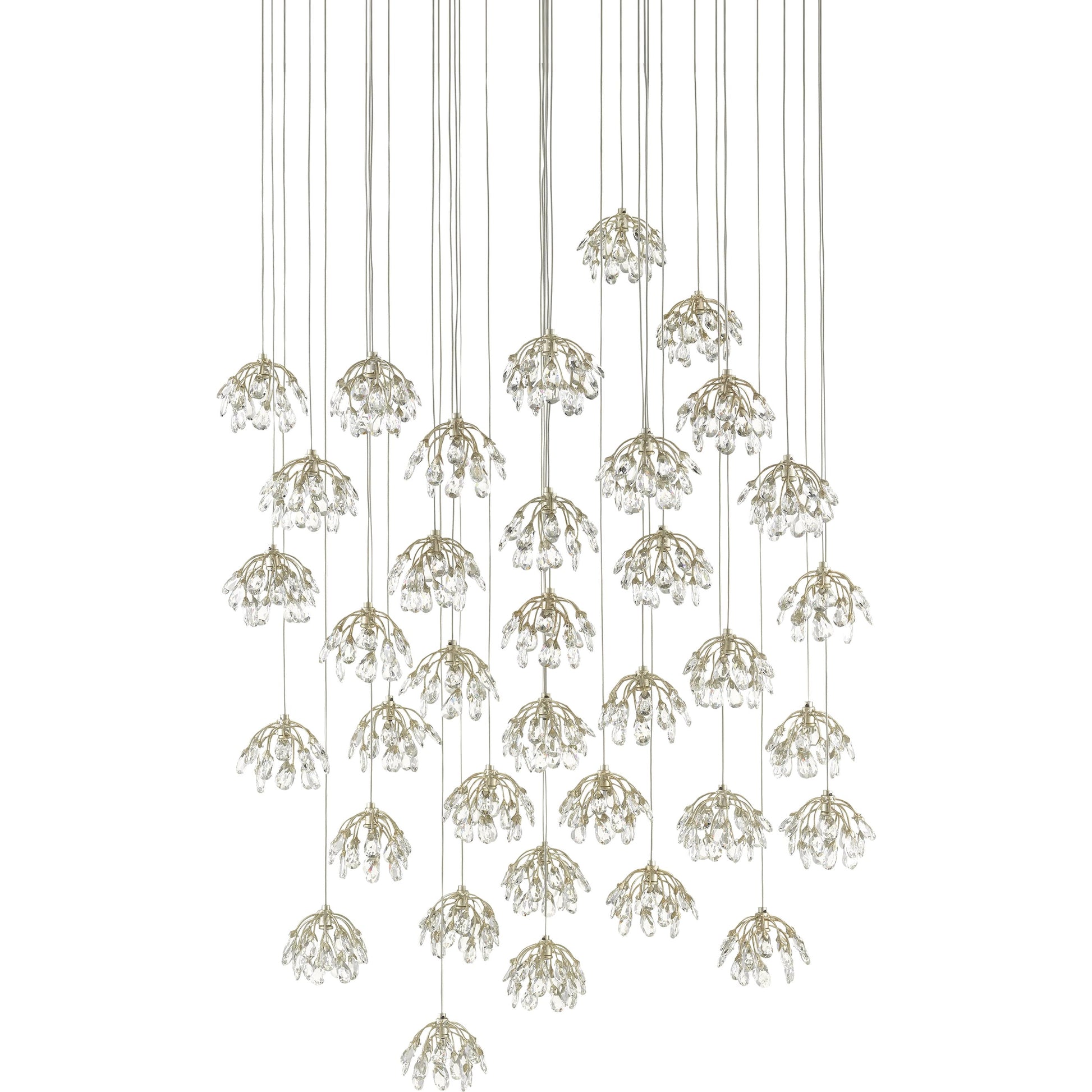 Crystal Bud Pendant by Currey and Company in painted silver, contemporary silver leaf. Made from crystal, wrought iron in a transitional style.