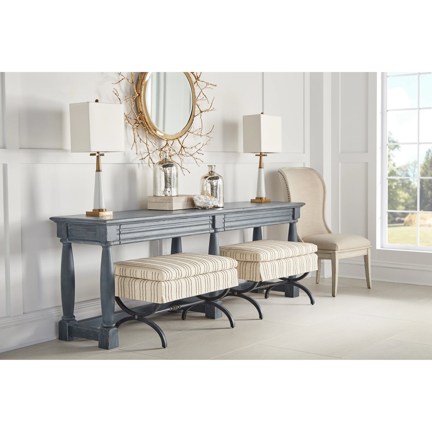 006 SI-2155754 | Lifestyle | Alcove Single Bench by A.R.T. Furniture in sidecar graphite, burnished brass. Made from parrawood solids, iron, fabric, foam in a modern style.