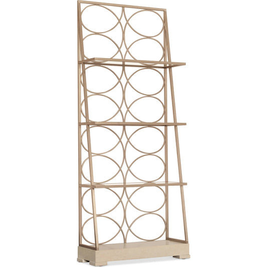 Melange Flourish Etagere by Hooker Furniture in light wood and polished limestone. Made from steel, oak veneers, glass in a unique style.