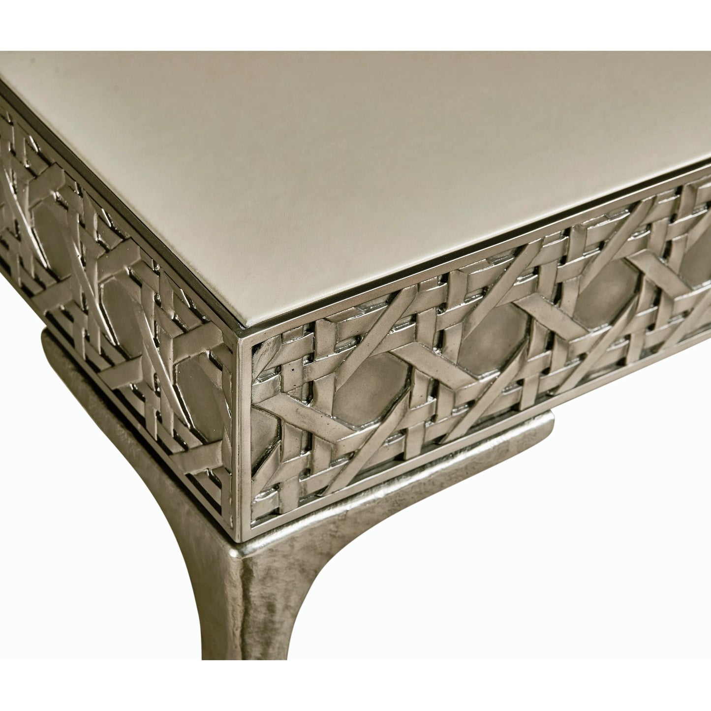 005 SI-2186273 | Closeup | Water Cnoidal Cane Carved Metal Desk by Jonathan Charles in white brass. Made from metal, leather in a modern style.