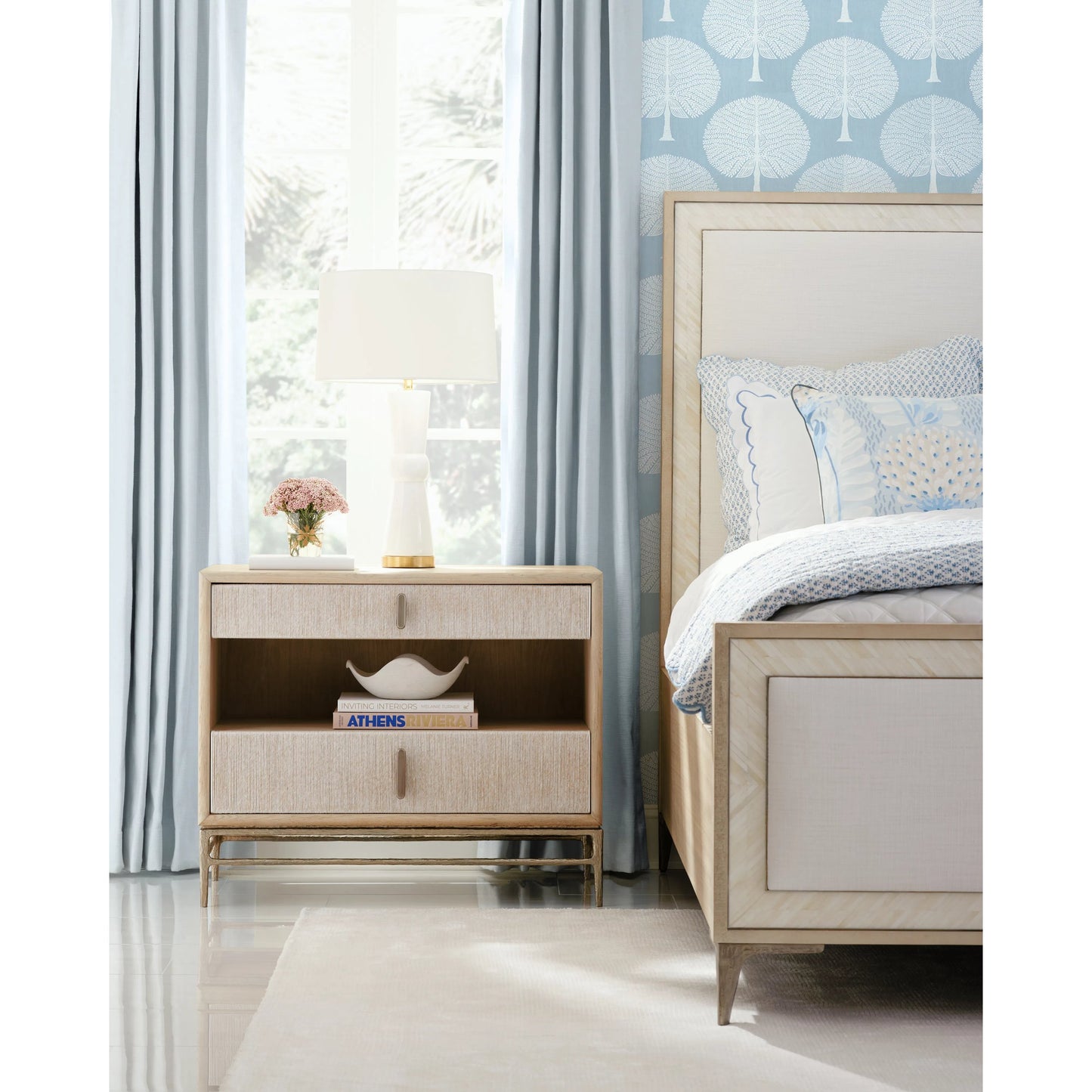009 SI-2186241 | Lifestyle | Water Tideline Bone & Linen King Upholstered Bed by Jonathan Charles in dyed koto. Made from dyed koto veneer, faux bone, metal, foam, fabric in a modern style.