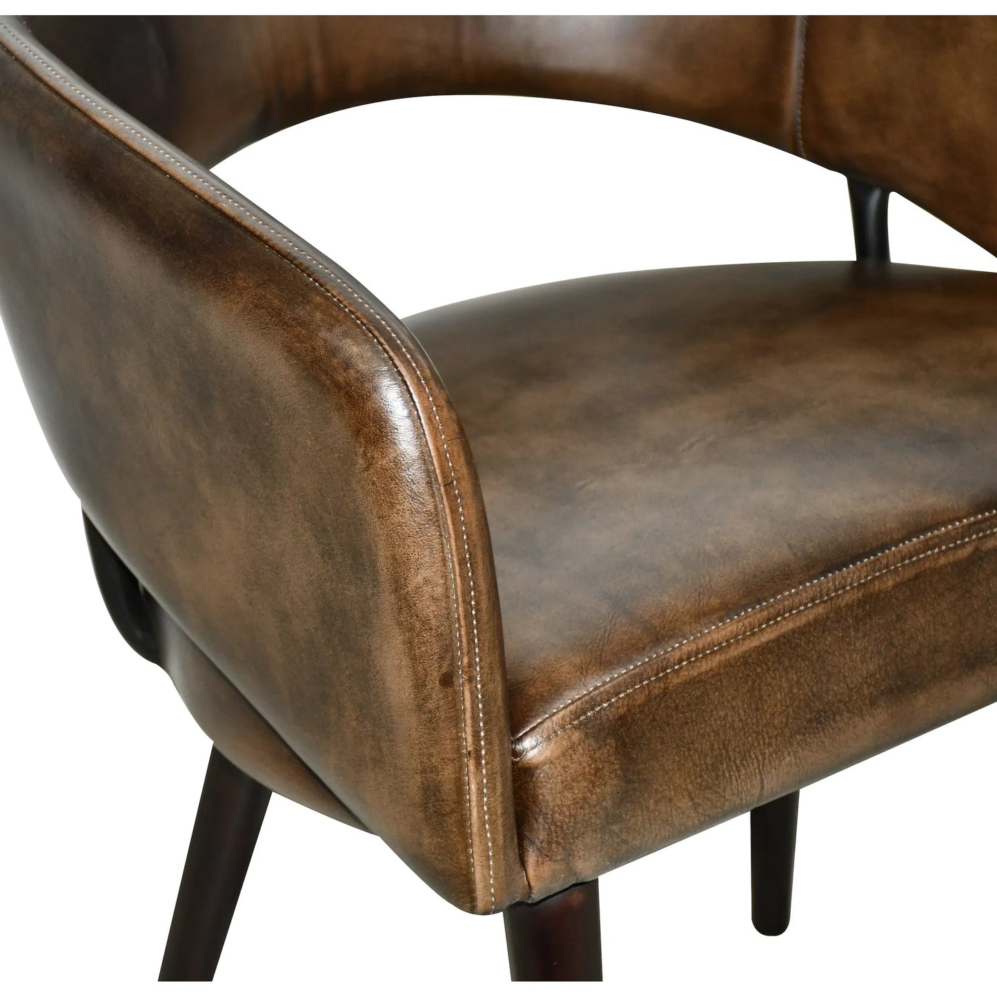 005 SI-2445310 | Closeup | Thorpe Dining Chair by World Interiors in brown and walnut. Made from acacia wood buffalo leather in a traditional style.