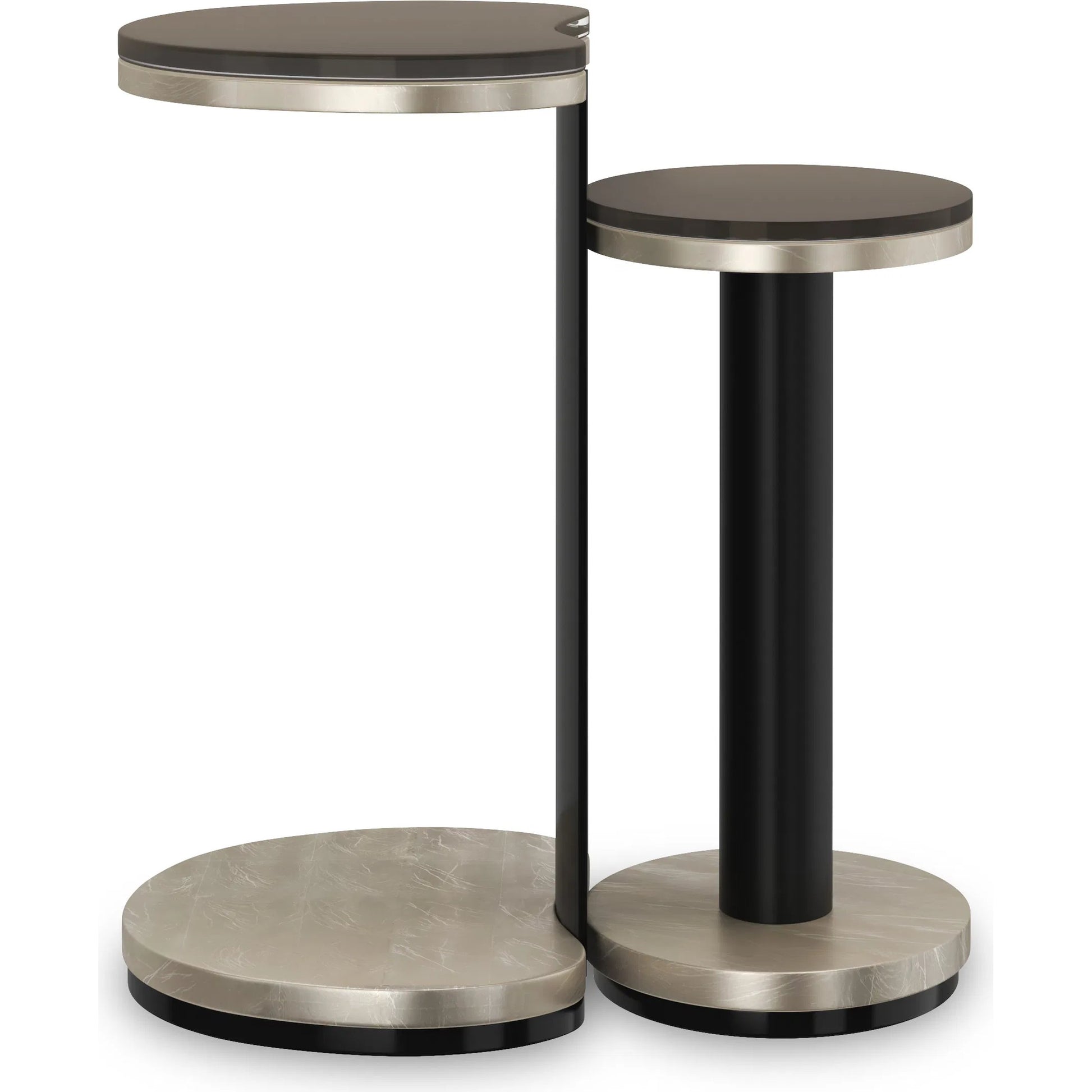 Fritza Bunching End Tables by Caracole in charcoal leaf, deep bronze, almost black. Made from asian hardwood, metal, glass in a modern style.