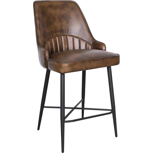 Galway Counter Chair by World Interiors in brown, black and powder coated black. Made from buffalo leather iron in a unique style.