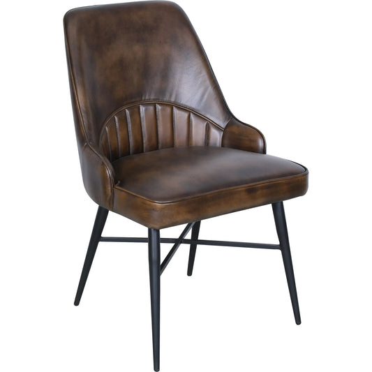 Galway Dining Chair by World Interiors in brown, black and powder coated black. Made from buffalo leather iron in a unique style.