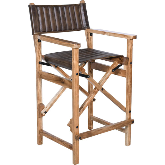 Galway Folding Bar Chair by World Interiors in brown and natural acacia. Made from acacia wood buffalo leather in a unique style.
