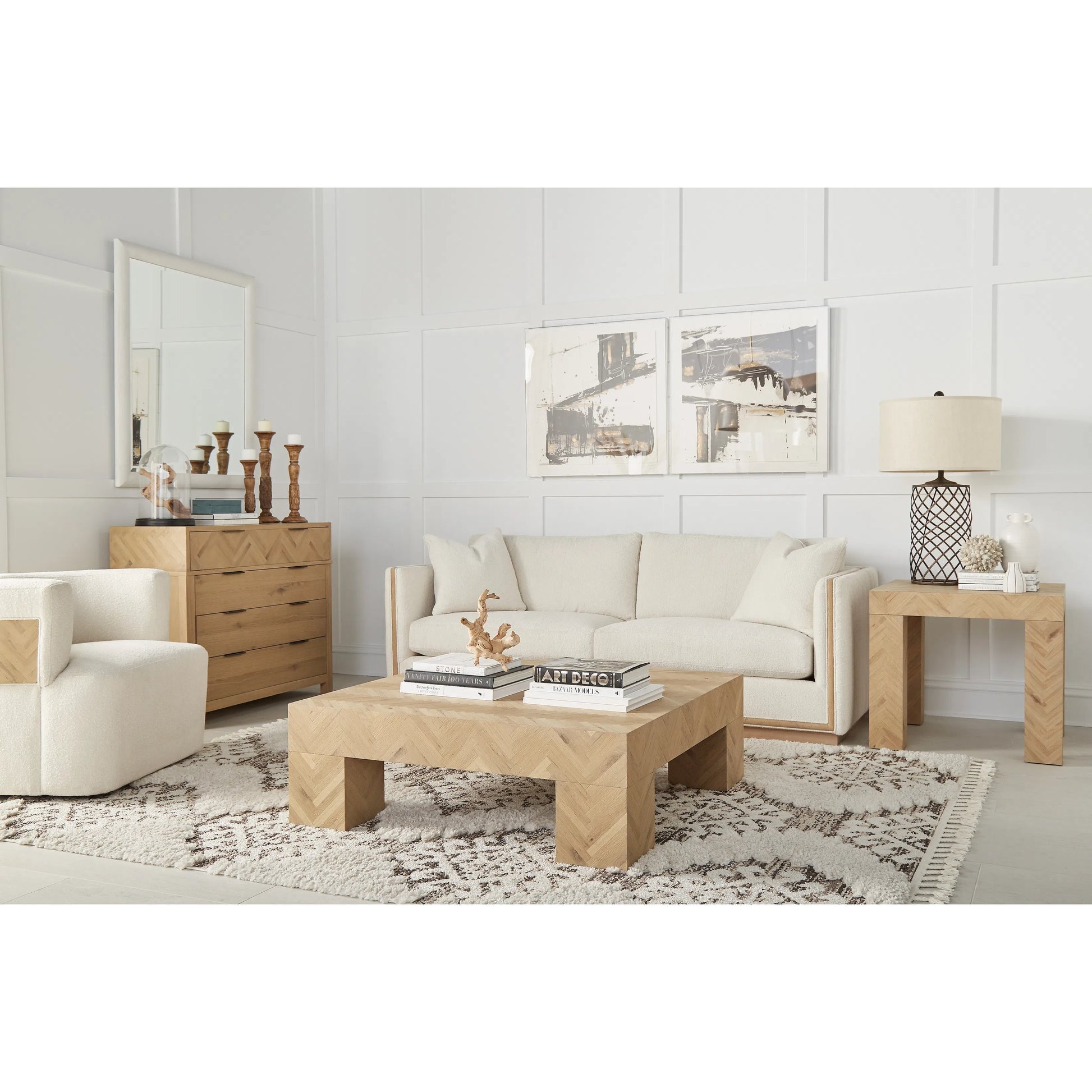 Cassat Channeled Sofa by A.R.T. Furniture in white and okla snow, washed oak. Made from parawood solids with ash embossing, foam, fabric in a transitional style.