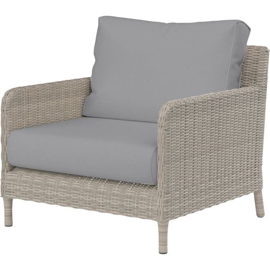 Manhattan Outdoor Club Chair by Sunset West in grays. Made from resin wicker in a modern style.