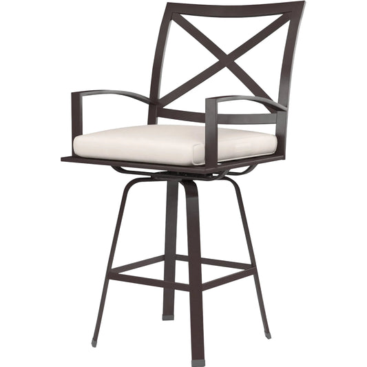 La Jolla Outdoor Swivel Barstool by Sunset West in browns. Made from aluminum in a modern style.