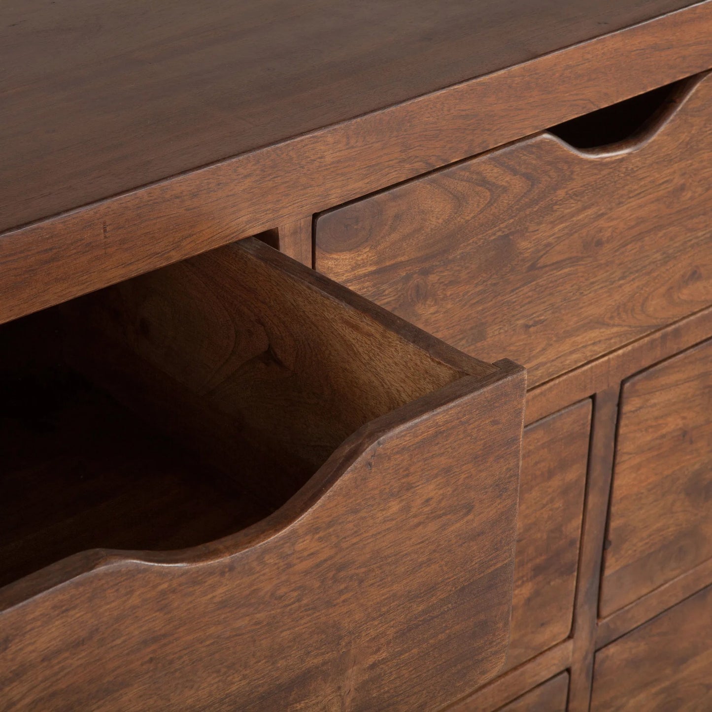 008 SR-877054 | Closeup | Nottingham Dresser by World Interiors in brown and walnut, antique zinc. Made from acacia wood, iron in a rustic style.
