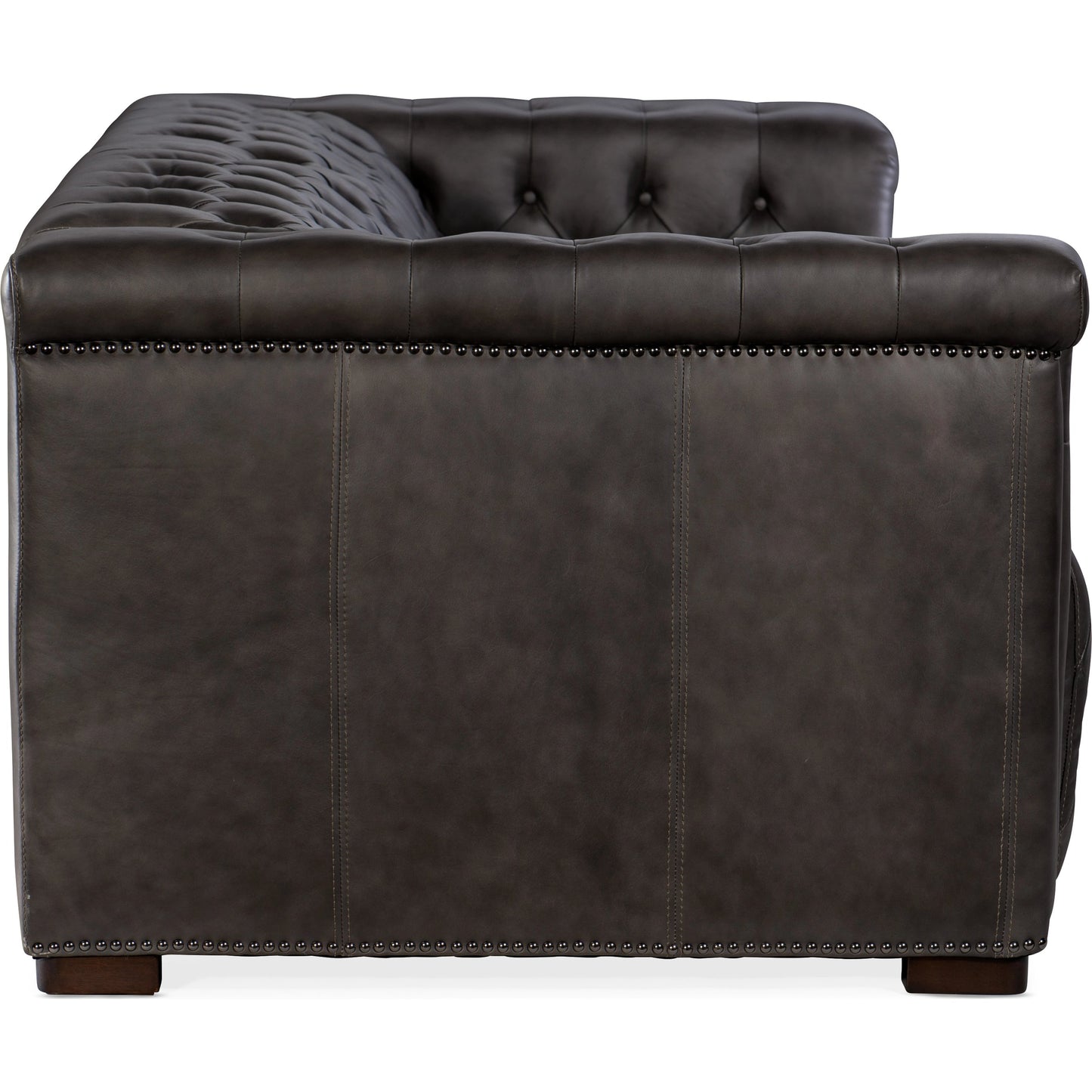 003 SI-1996364 | Additional Silo | Savion 2 Over 2 Power Reclining Sofa by Hooker Furniture in bellagio gravel and dark wood. Made from leather (finished top grain with split) in a transitional style.