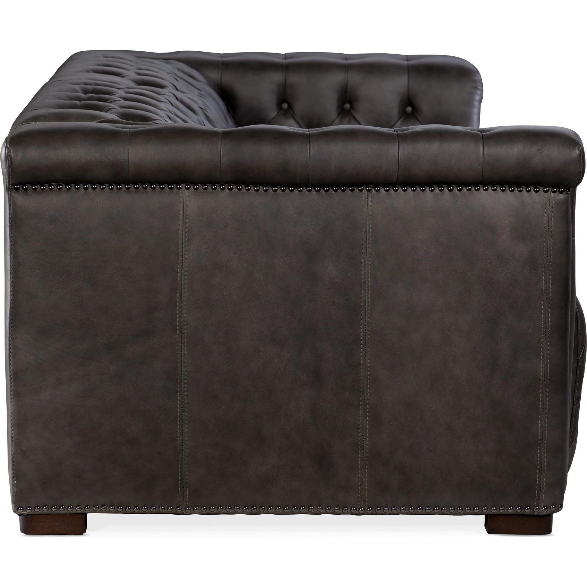 Savion 2 Over 2 Power Reclining Sofa by Hooker Furniture in bellagio gravel and dark wood. Made from leather (finished top grain with split) in a transitional style.